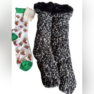 Jane and Bleecker Black White Slipper Socks and Green White Holiday Socks NWT
